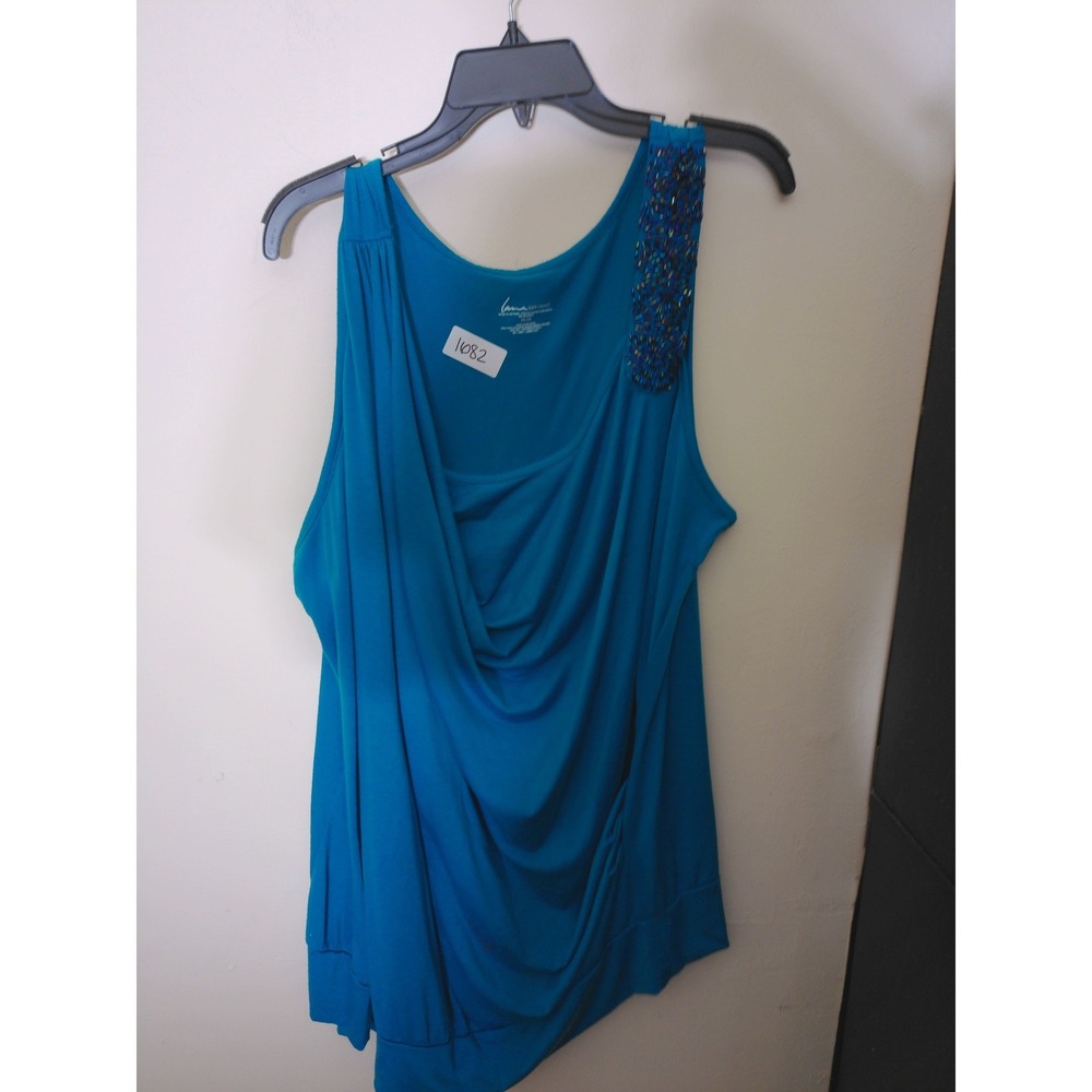 Lane Bryant Sleeveless Top Womens 26/28 Teal Blue Sequin Draped Cowl Neck Blouse